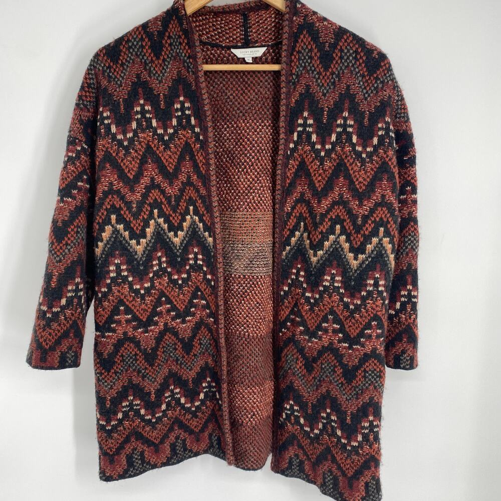 Lucky Brand Cardigan Women’s Medium Red Western Aztec‎ Open Front Wool Blend